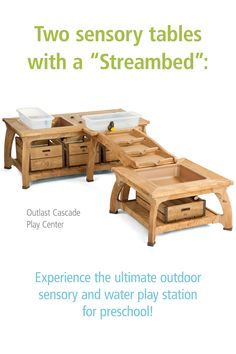 an advertisement for the outdoor play center with two tables and drawers on each side,