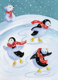 three penguins are skating in the snow with one penguin wearing a red scarf and two polar bears