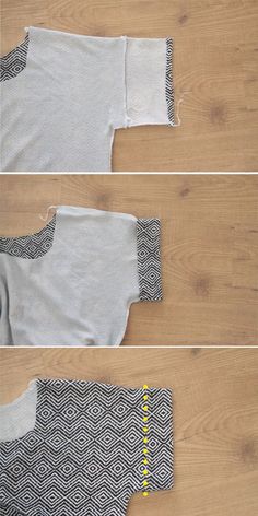 three pictures showing how to sew the front and back of a shirt