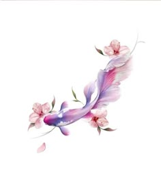 a fish with pink flowers on it's tail is painted in watercolors