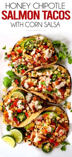 grilled fish tacos with corn salsa on a white plate and text overlay reads honey chipotle salmon tacos with corn salsa