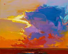 an abstract painting with orange, blue and yellow colors in the sky over water at sunset