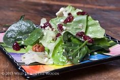 a salad with spinach leaves, cranberries and nuts on a colorful plate