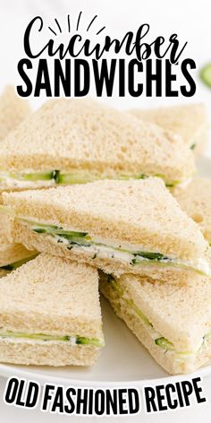 cucumber sandwiches on a white plate with the words cucumber sandwiches below it