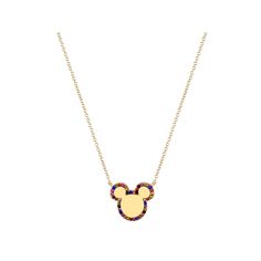 the mickey mouse necklace with multicolored crystals on it's gold plated chain