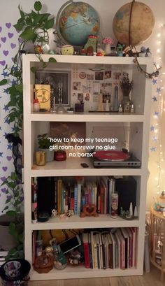 a book shelf filled with lots of books next to a potted plant on top of a hard wood floor