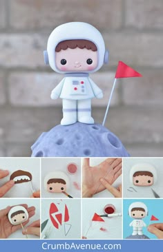 a collage of photos showing how to make an astronaut doll