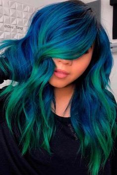 The Top Green Hair Color Ideas And How To Get Them ★ Green And Blue Hair, Bright Blue Hair, Dyed Hair Blue, Hair Color Shades