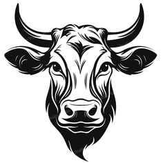 a cow's head with large horns in black and white on a white background