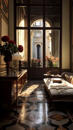 a living room filled with furniture and flowers