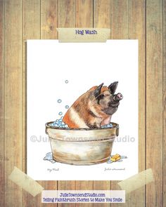 a painting of a dog taking a bath