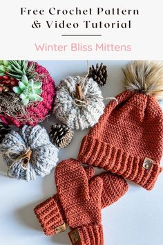 knitted mittens and gloves with text overlay that says free crochet pattern & video tutor winter bliss mittens