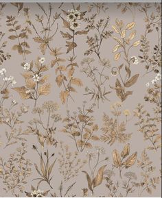 a floral pattern with gold leaves and white flowers on a gray background is featured in this image