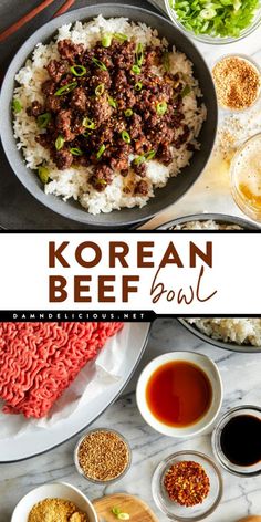 korean beef bowl with rice and sauces on the side, surrounded by other ingredients