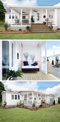 three different pictures of a house with porches