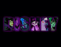 the word disney written in different colors and sizes with cartoon characters behind it on a black background