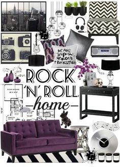 a purple couch and some black and white decor