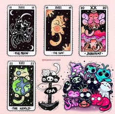 four different tarot cards with cats and other animals on them, all in different colors