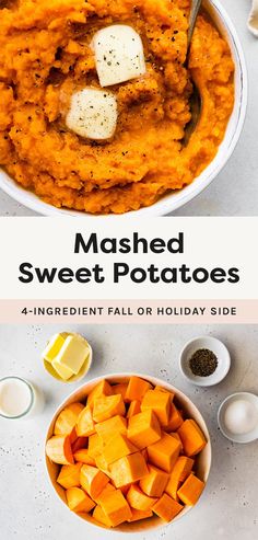 mashed sweet potatoes in a bowl with butter and seasoning next to it on a white surface