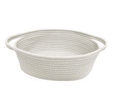 white rope basket with handles on a white background