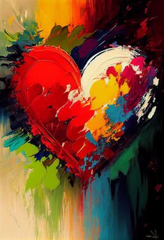 an abstract painting of a heart with paint splattered on it's sides