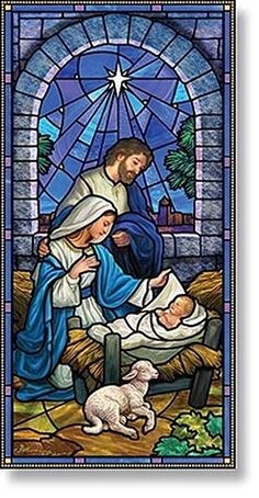 the nativity scene is depicted in this stained glass window