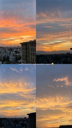 multiple shots of the sky at different times of day and night, with buildings in the background