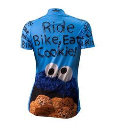 a blue shirt with an image of cookie monster on it and the words ride bike eat cookies