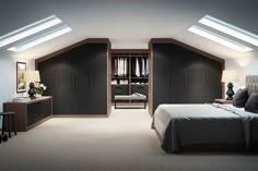 an attic bedroom with skylights and bed