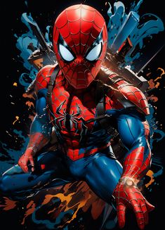 the amazing spider - man is sitting in front of some paint splats and water