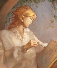 a painting of a woman reading a book