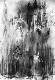 black and white drawing of an old church in the foggy day with lots of light coming from it