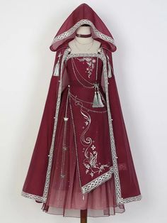 Wine Red Butterfly Embroidery Long Dress + Cloak Set with Chains Pretty Red Outfits, Red Fantasy Outfit, Mystical Dresses Fairytale, Witch Dress Drawing, Red Fantasy Dress, Elven Dresses, Sorceress Outfit, Mystical Clothing, Elven Outfit