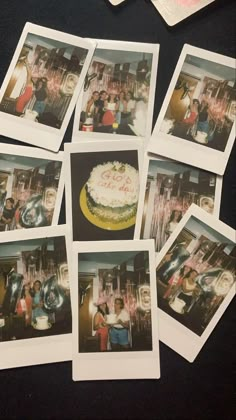 several polaroid photos of people standing around a cake