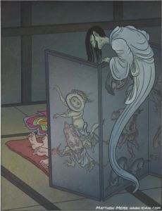 an animated image of a woman looking into a box with skeletons on it and a bird perched on the door