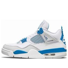 The Air Jordan 4 Retro 'Military Blue' 2024 is a timeless classic that combines style and heritage. Crafted with premium Off-White leather and Neutral Grey nubuck, this iconic silhouette features striking hits of Industrial Blue, creating an overall clean aesthetic. Staying true to its original '89 specs, it boasts signature elements like the bold Jumpman logo, netting accents, and the famous “wings.” The heel proudly displays the Nike Air branding, evoking nostalgia for fans worldwide. Whether you’re on or off the court, these sneakers exude both elegance and athletic flair. Blue Classic Breathable Sneakers, Jordan 4 Military Blue, Industrial Blue, Pretty Sneakers, Blue Jordans, Jordan Shoes Girls, Preppy Shoes, Jordan Shoes Retro, Pretty Shoes Sneakers