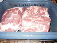 some raw meat in a blue container on a table with the words, a day in the life on the farm