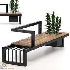 two tables with planters on them and one bench made out of wooden planks