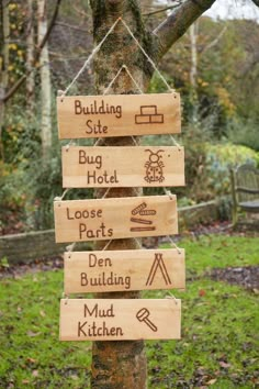 a wooden sign hanging from the side of a tree