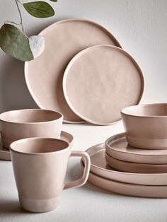 a table topped with plates and cups next to a plant