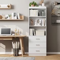 a white bookcase sitting next to a wooden desk