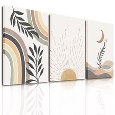 three canvases with different designs on them