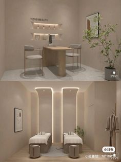 two images show the inside of a room with white furniture and lighting on the walls