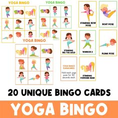 the 20 unique bingo cards for kids to practice yoga and piyoa moves with