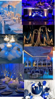 blue and white wedding decor at night