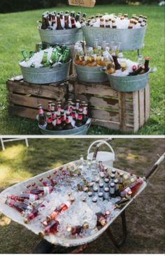 an old wheelbarrow is filled with beer bottles and ice buckets for the guests to drink