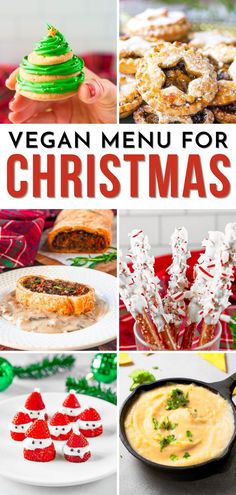 vegan menu for christmas with images of different foods and desserts on the table