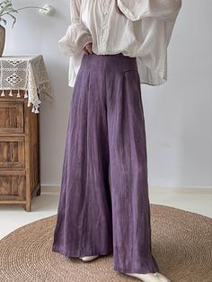 Style: Elegant Material: Linen Pattern: Solid Color Length: Full Length Closure Type: Elastic Silhouette: Wide Leg Gender: Female Season: Spring/Fall #purple #linen #pants #palazzopants Styling Purple Pants, Purple And Grey Outfit, Blue Linen Pants Outfit, Purple Pants Outfit, Fall Purple, Linen Wide Leg Pants, Purple Linen, Woman Suit, Linen Pattern