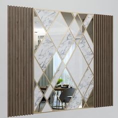 a mirror that is on the wall in front of a dining room table and chairs