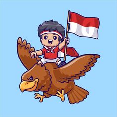 a man riding on the back of an eagle while holding a flag